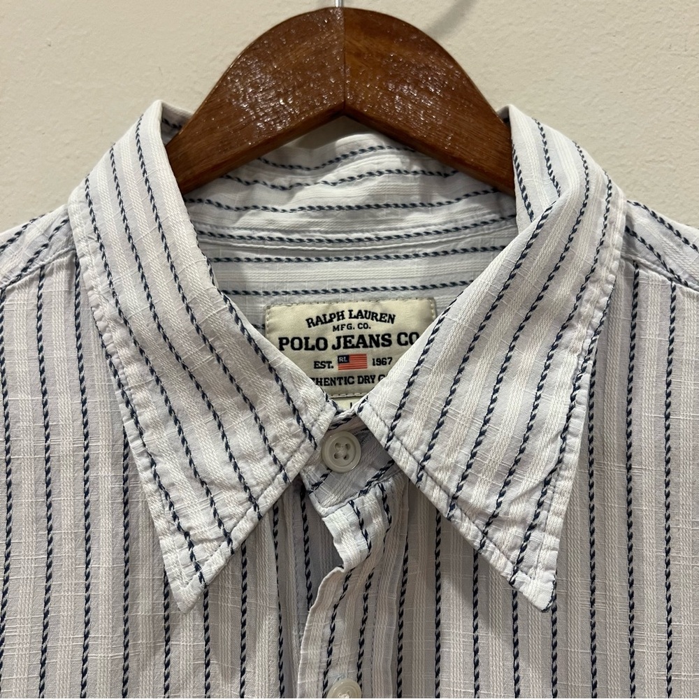 Polo Jeans Co Ralph Lauren Shirt Mens L Blue Striped Button Up Long Sleeve Retro